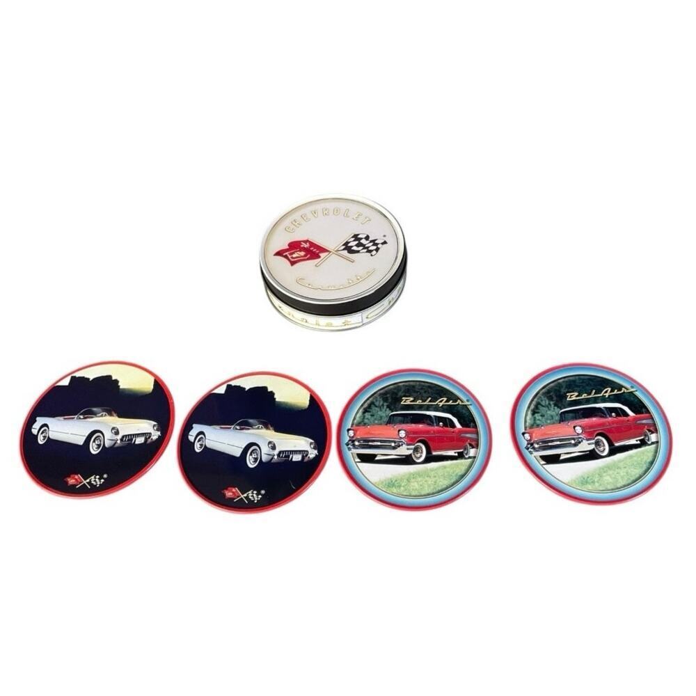 Vintage Chevrolet Corvette Set Of 4 Metal Coasters In A Collector Canister